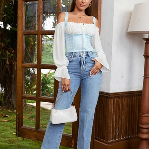 Floral corset chiffon top with off-shoulder flared sleeves paired with high waist jeans