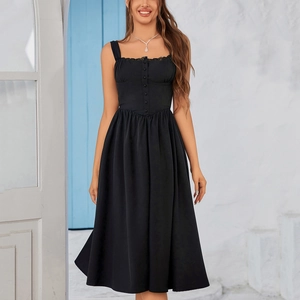 French style black midi dress with lace trim square neck and buttoned A-line silhouette