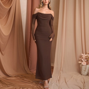 Off-shoulder sheer mesh sleeve brown maxi dress with elegant pleats and slim fit silhouette