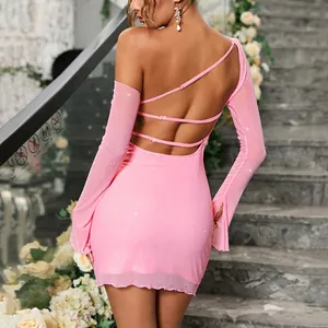 Pink sequin mesh mini dress with open back and adjustable straps for party wear