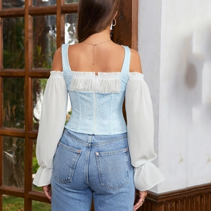 Back view of floral print off-shoulder corset top with puff chiffon lantern sleeves