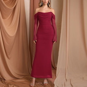 Elegant off-the-shoulder wine red ruched long sleeve dress with mesh details