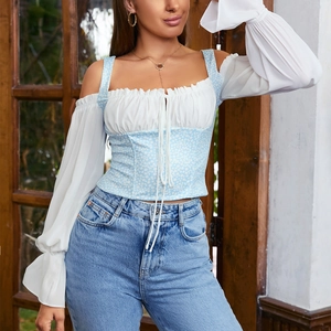 Floral print corset top with white flare sleeves and tie-up detail for women