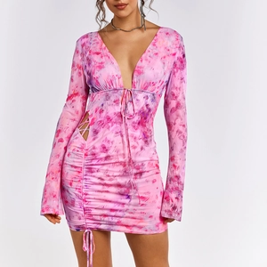 Women's Long Sleeve Tie Dye Ruched Mini Dress With Cutout Waist And Backless Deep V Neck For Party Streetwear Polyester
