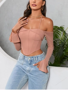 Detail of mauve off-shoulder corset top with flare sleeves and halter neckline