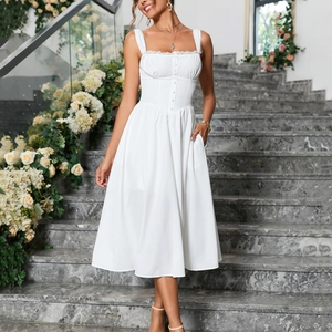 Elegant white lace trim A-line dress with buttons and side pockets in French style
