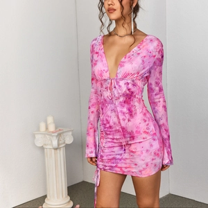 Sexy mesh ruched mini dress with deep V-neck and purple tie-dye marble print