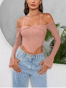 Detail of pink mesh sleeve corset top with off-shoulder neck and pointed hem