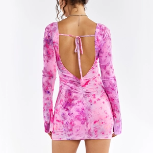 Sexy backless mesh dress with pink tie-dye print and criss-cross tie detailing