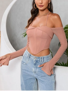 Detail view of mauve corset top with halter off-shoulder neckline and bell sleeves