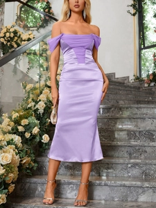 Detail of purple off-shoulder satin dress featuring elegant front pleats and slim fit