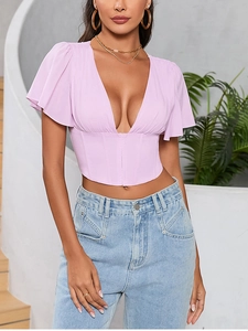 Detail of lavender chiffon corset top with ruffled sleeves and V-neckline design