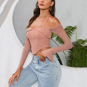 Sexy dusty pink off-shoulder corset top with sheer mesh sleeves and halter neck design