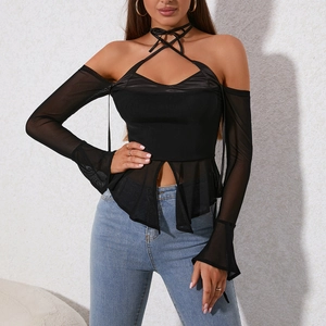 Women Sexy Mesh Halter Patchwork Top Backless See Through Flare Long Sleeve T-Shirt Slim Fit Streetwear Party Clubwear Black Top