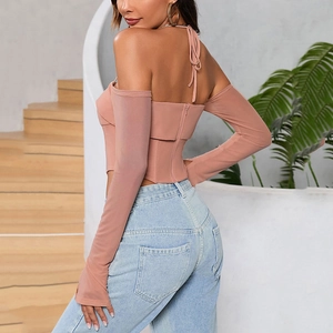 Pink off-shoulder corset top with matching long sleeves and lace-up back design