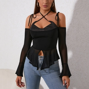 Sexy black mesh halter top with sheer bell sleeves and patchwork design for women