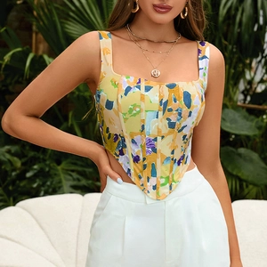 Haut Corset Sexy à Imprimé Floral pour Femmes Col Carré sans Manches à Baleines Dos Nu Fermeture Éclair Crop Top de Vacances
