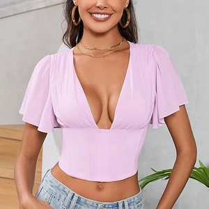 Women Sexy V Neck Corset Crop Top Flutter Sleeve Chiffon Ruffle Blouse Solid Lavender Purple Summer Fashion Streetwear Top