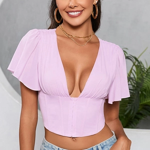 Sexy lavender chiffon corset crop top with ruffle sleeves and hook-and-eye closure