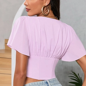Sexy light purple chiffon crop top with boned waist, ruched details and butterfly sleeves