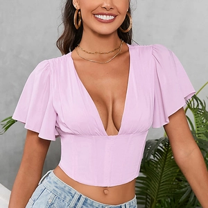 Lavender corset-style chiffon top with ruffled sleeves and deep V-neckline for women