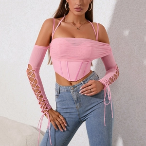 Women Sexy Off Shoulder Long Sleeve Corset Top Fishbone Mesh Ruched Lace Up Pink Patchwork Y2K Slim Fit Fashion Blouse