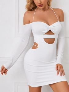 Detail of white halter neck dress with sexy cut-outs and elegant long sleeves