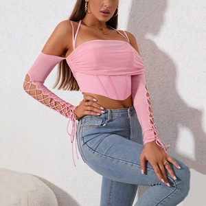 Pink mesh off-shoulder corset top with lace-up long sleeves and ruching detail