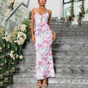 Abito Lungo Cami con Stampa Floreale da Donna Sexy Traforato Senza Schienale Sirena Bodycon Abito da Sera Bianco Rosa Poliestere