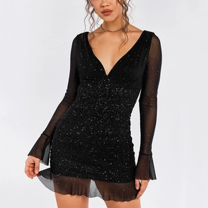 Sparkly black V-neck bodycon mini dress with sheer mesh flared sleeves and ruched details