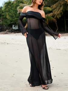Detail of sheer black mesh maxi dress with off-shoulder satin trim and split long sleeves