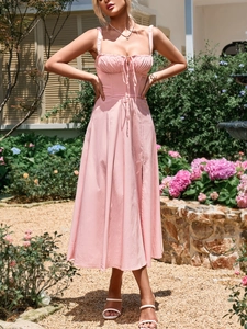 Elegant pale pink strapless dress with drawstring bust and flared A-line silhouette