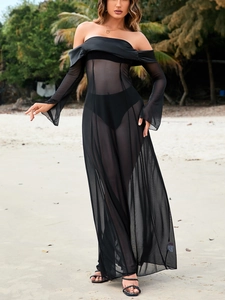 Detail of sheer black mesh maxi dress featuring off-shoulder design and flared sleeves