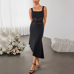 Elegant black ruched dress with sheer mesh panels and sexy backless fishtail silhouette