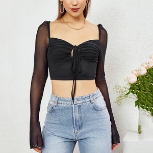 Women Sexy Mesh Patchwork Crop Top Long Flare Sleeve Drawstring Ruched Backless Knit Top Streetwear Fashion Party Club Top