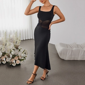 Sleeveless black midi dress with sheer mesh waist panel and elegant square neckline