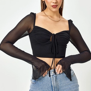 Sexy black mesh ruched crop top with heart neckline and flared long sleeves for women