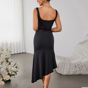 Elegant black sleeveless midi dress with sheer mesh waist and asymmetric hemline