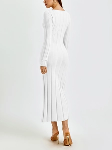 Detail of white ribbed knit dress fabric and slimming bodycon silhouette profile