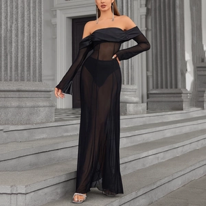 Elegant black mesh off-shoulder long sleeve maxi dress with sexy sheer see-through design