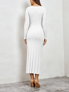 Detail view of white ribbed knit long sleeve midi dress showing slim fit texture from behind