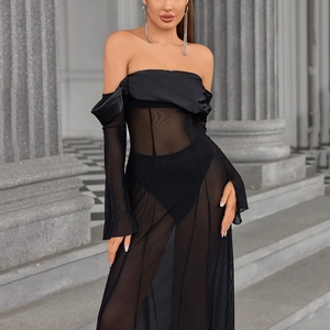 Elegant black sheer mesh off-shoulder long sleeve maxi dress for evening party wear