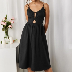 Women's Sexy Hollow Out Backless Cami Dress Ruched A-Line Midi Dress Solid Black Spaghetti Strap Party Dress