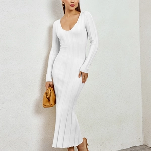 Women's Ribbed Knit Long Sleeve Slim Fit Maxi Dress Sexy V-Neck Solid White Elegant Party Bodycon Fall Winter Dress