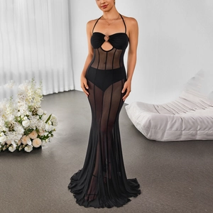 Robe Maxi Sexy Femme Ajouré Dos Nu Halter Maille Transparent Noir Moulante Sirene Soirée Club Longue Robe