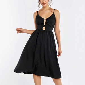 Sexy black midi dress with spaghetti straps, front cut-outs and pleated A-line silhouette