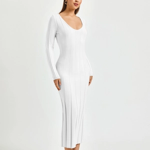 Slim fit white ribbed knit long sleeve dress with elegant U-neckline and midi length