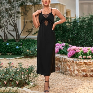 Robe Midi Sexy en Satin pour Femmes Patchwork de Dentelle Ajouré Dos Nu Bretelles Croisées Robe Moulante Soirée