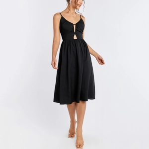 Elegant black A-line midi dress with spaghetti straps and front cut-out details