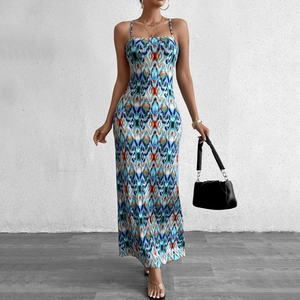 Robe Longue Moulante Sexy Dos Nu pour Femmes avec Bandage Col Bénitier Imprimé Abstrait Robe Longue en Polyester sans Manches Fête